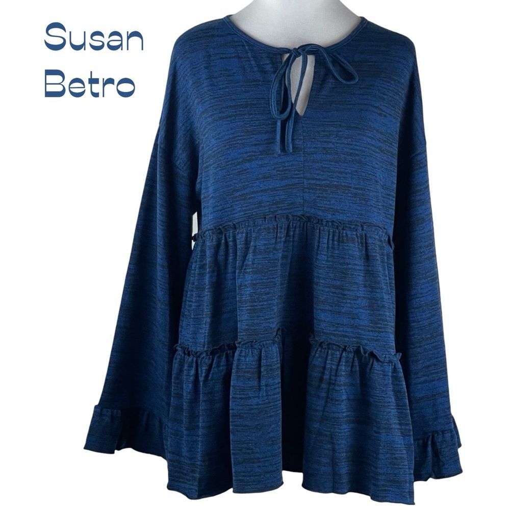 Susan Betro Blue Black Ruffled Long Sleeve Cottage Boho Top NWT Size M